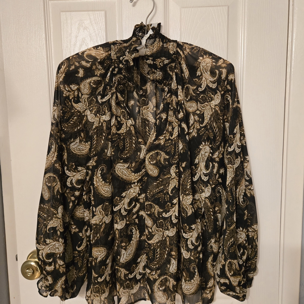 Mango Black and Gold Paisley Blouse